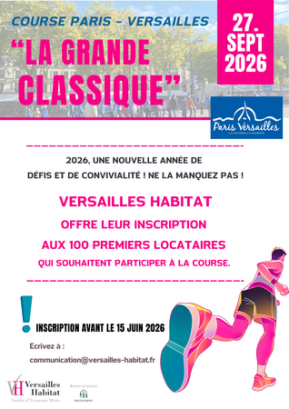 Affiche Versailles Habitat pour inviter les locataires à s'inscrire à la course Paris-Versailles en 2026